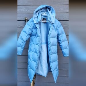 Sky Blue Hooded Down Long Puffer Coat